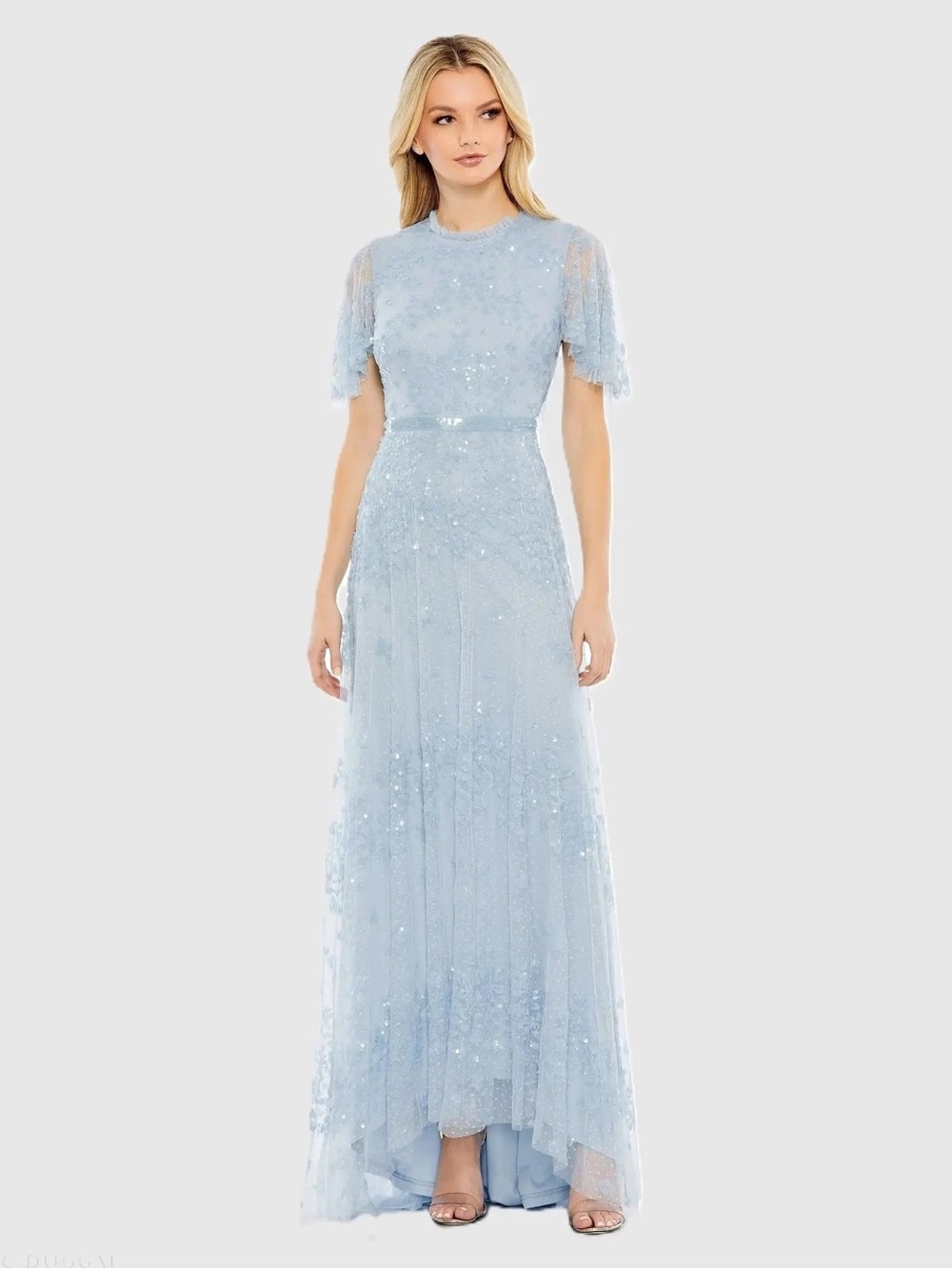 Mac Duggal 9192 Blue Sequined High Neck Flutter Sleeve A Line Gown Size 6 NWT